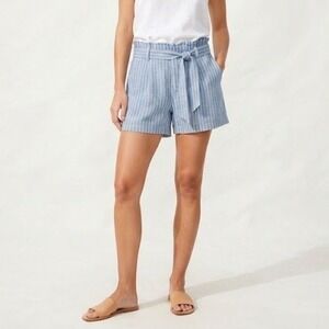 LOFT Shorts Women Small Blue NEW Striped Linen Blend Paperbag Tie Waist